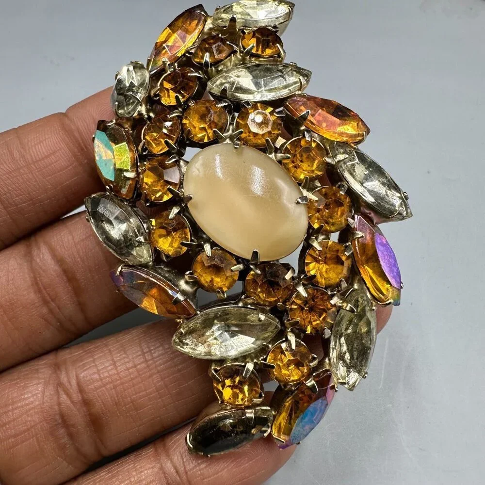 Vintage Amber Color Rhinestone Brooch Silver Tone Navette Aurora Borealis